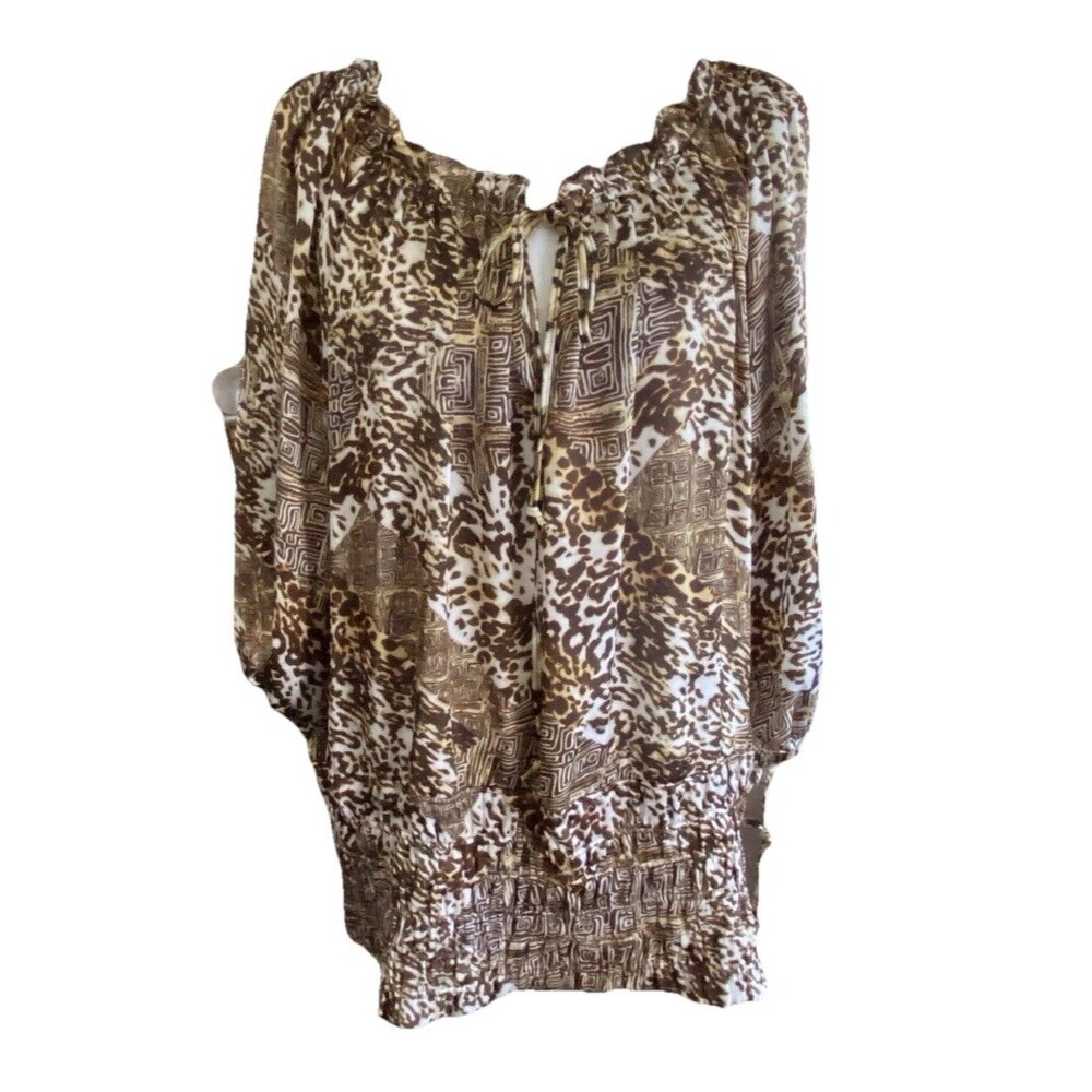 Essentials by Milano Blouse Women Large Animal Print 3/4 Sleeve Boho Top Office